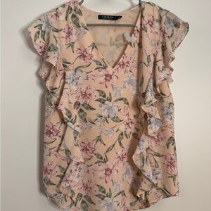 Lauren Ralph Lauren Floral Ruffle Top NWOT | Peach Pink V-Neck Blouse Size S